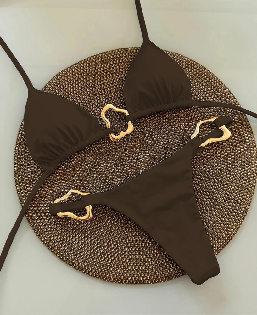 Brown bikini set with gold accents on a textured surface